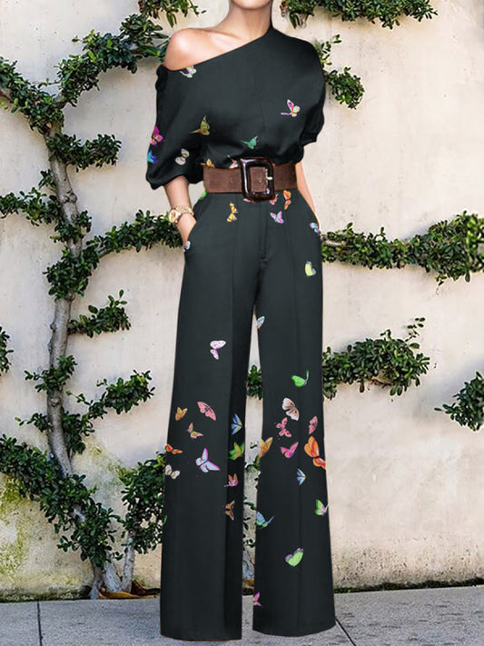 Butterfly/Floral Print/Abstract Portrait One Shoulder Short Sleeve High Waist Women's Wide Leg Jumpsuit to 3X Plus Size