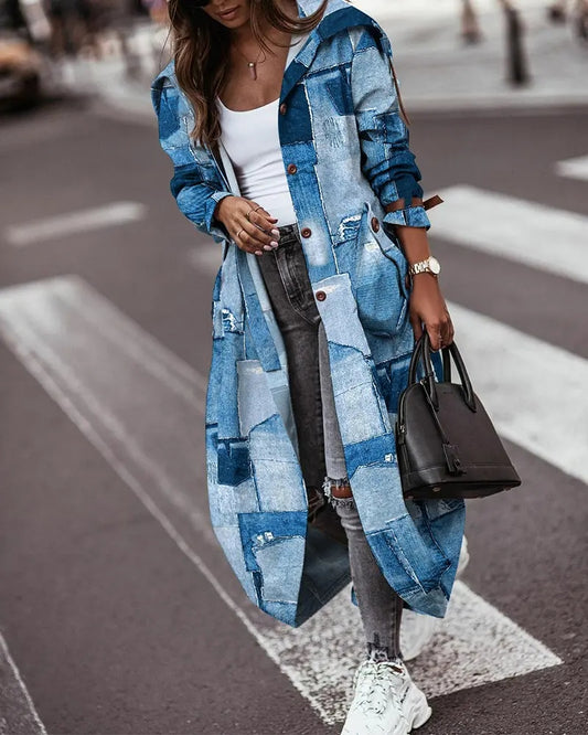 Faux Denim Dark Blue/Light Blue Colorblock Print Turn-Down Collar Women's Trenchcoat