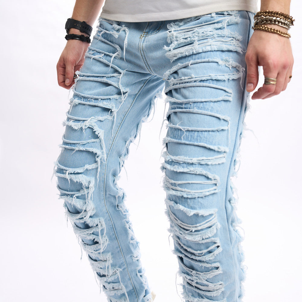 Men's Denim Rioped Baby Blue Fringe Pattern Hip-Hop Skinny Jeans