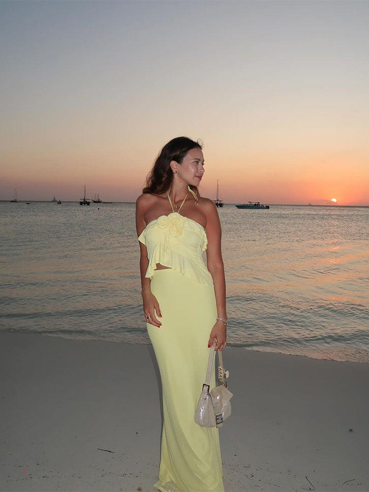 Yellow Rose Flower Embroidered Ruffled Halter Neck Spaghetti Strap High Waist Maxi Dress