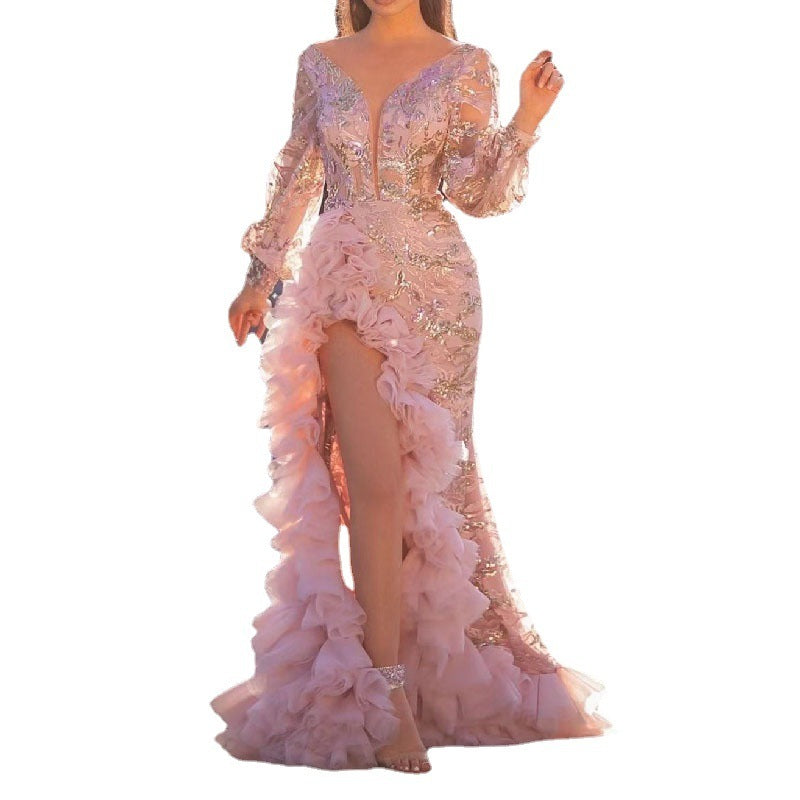 Sequin Mesh Lace Pink Gold Metallic Ruffled Long Sleeve High Slit Evening Formal Party/Prom Maxi Dress