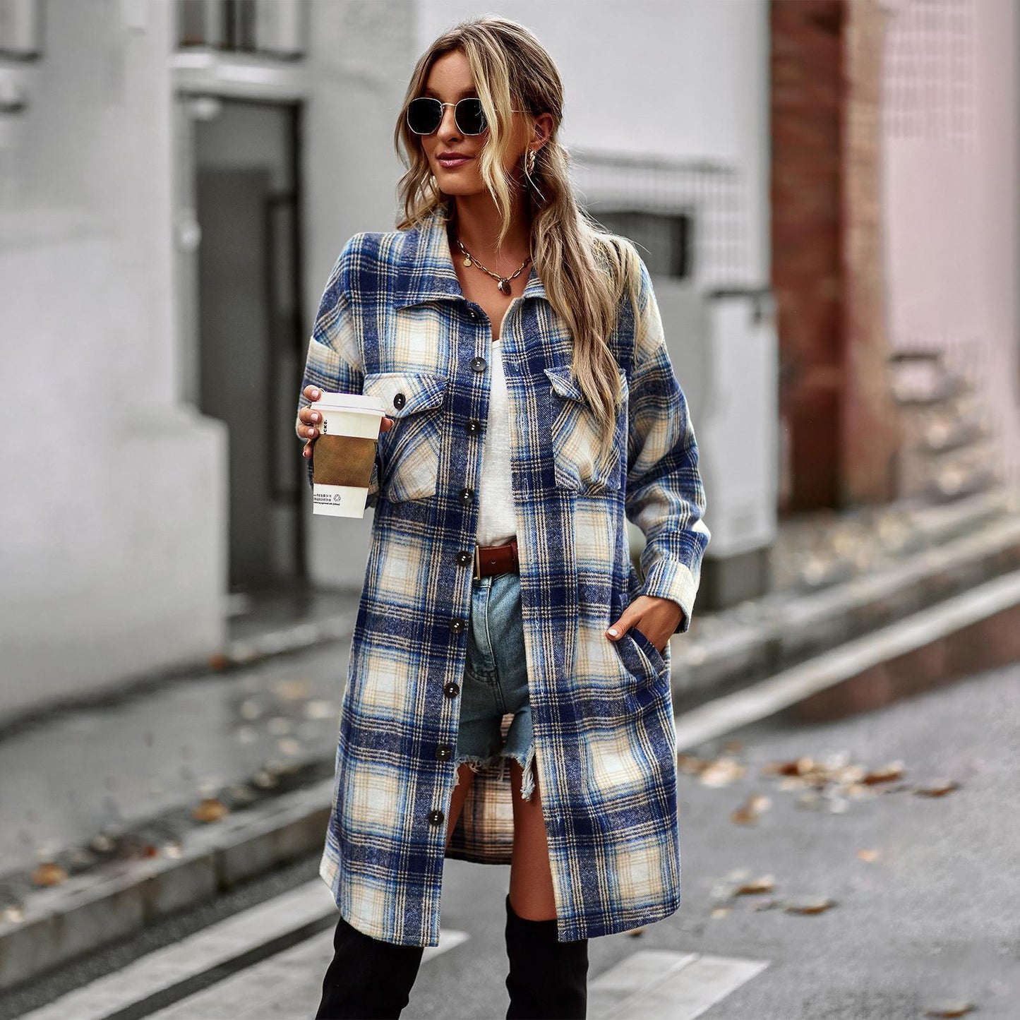 Plaid Print Turn-Down Collar Long Sleeve Women's Shacket