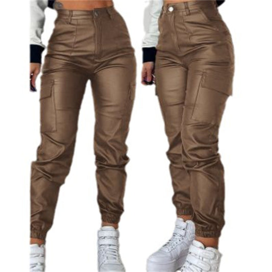 Solid Color PU Leather Ruched Women's Multi-Pocketed Patchwork Skinny Trouser Cargo Pants