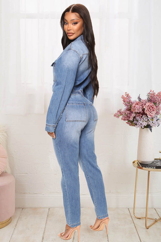 Denim Light Blue Gradient Faded Washed Button-Up Long Sleeve Elastic Waist Women's Jeans Jumpsuit