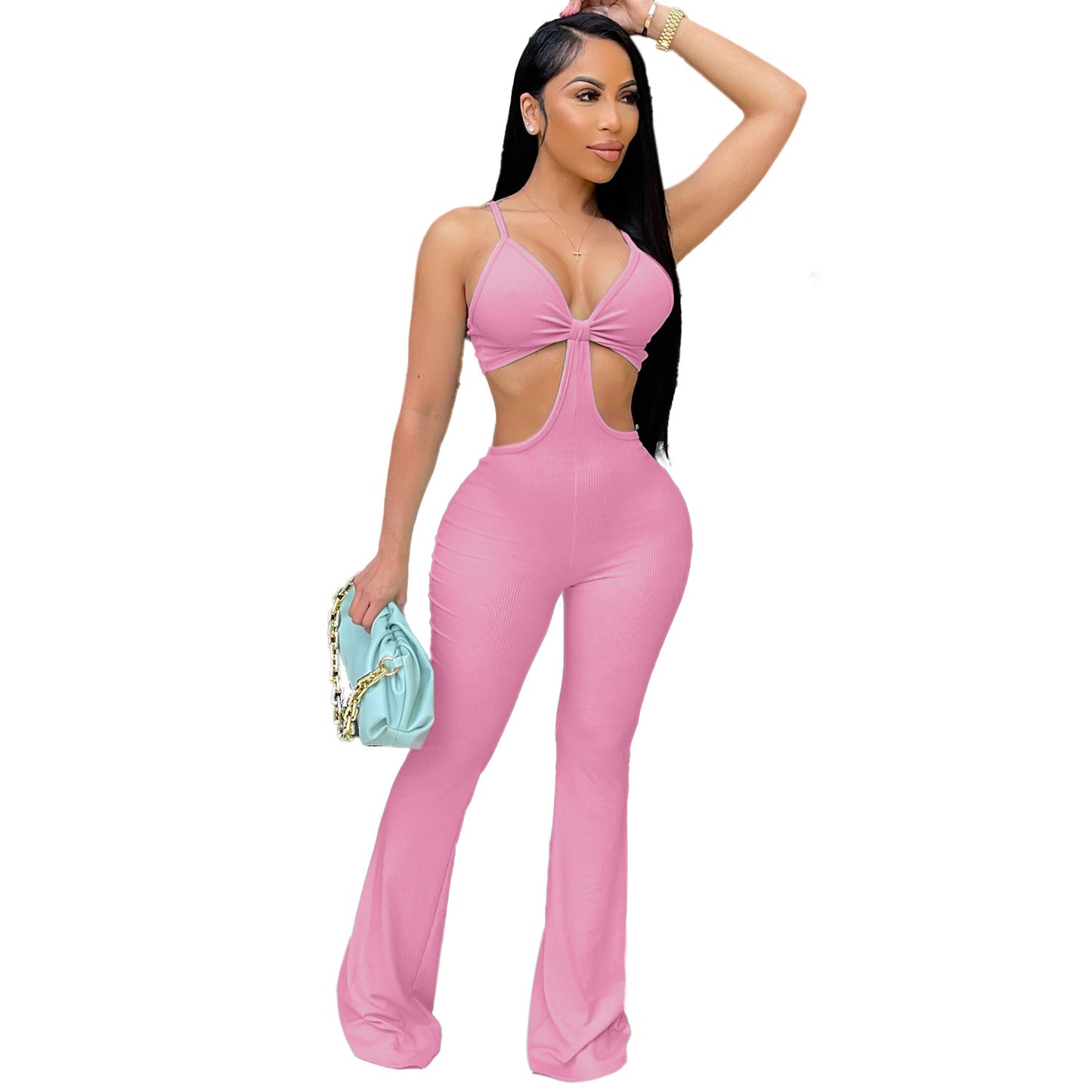Sleeveless Hollow-Out Mesh Stretch Skinny BellBottom Jumpsuit