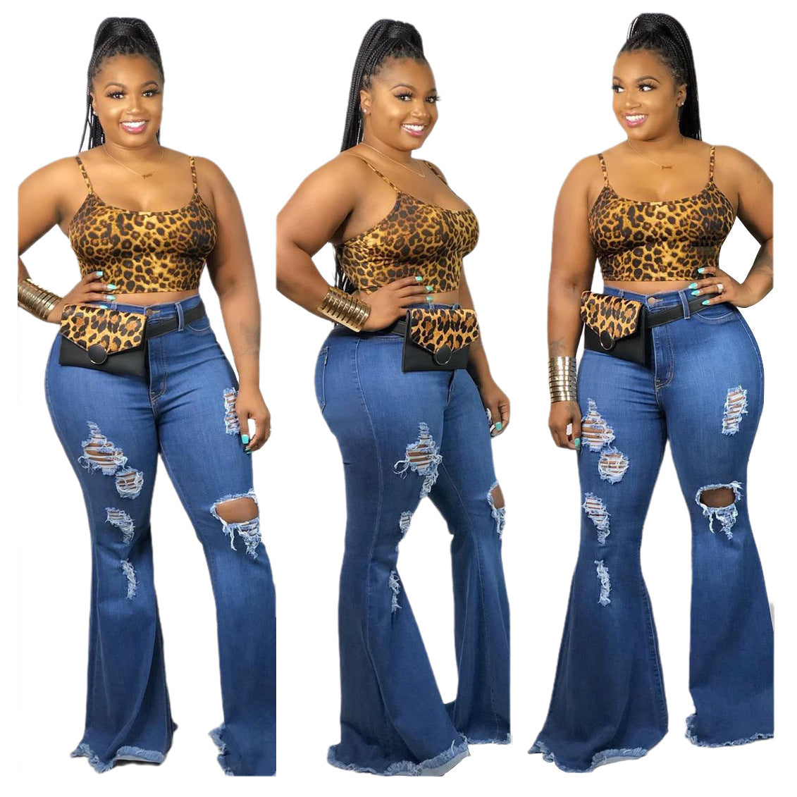 Denim Cut-Out Hole Ripped Fringe Pattern Slim Stretch Wide Leg Women's Bell-Bottom Jeans to 5X Plus Size