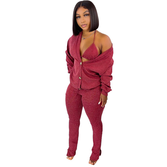 Ribbed Button-Up Women's Cardigan Pocketed Sweater + Matching Bra + Leggings 3-Piece Set