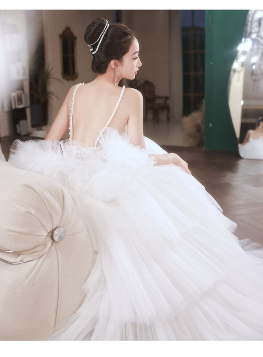 White Tiered Multi-Layer French Pettiskirt Temperament Formal Wedding Dress to 3X Plus Size