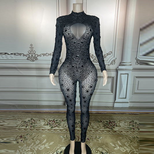 Sheer Transparent Cut-Out Rhinestone Long Sleeve Women's Jumpsuit