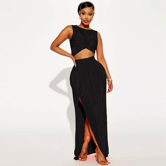 Sleeveless Ribbed Ruched Criss-Cross Hem Crop Top + High Slit Maxi Skirt Women's Solid Color 2-Piece Set