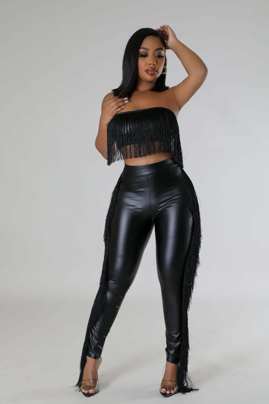 Sleeveless Faux Leather Tassel Fringe Design Women's Crop Tube Top + Skin Tight Pants 2-Piece Set