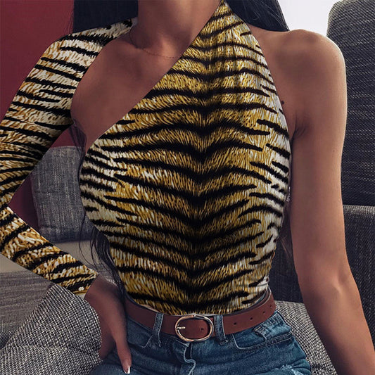 Zebra Print Gradient Colorblock Asymmetrical Hollow-Out One Shoulder Long Sleeve Women's Bodysuit