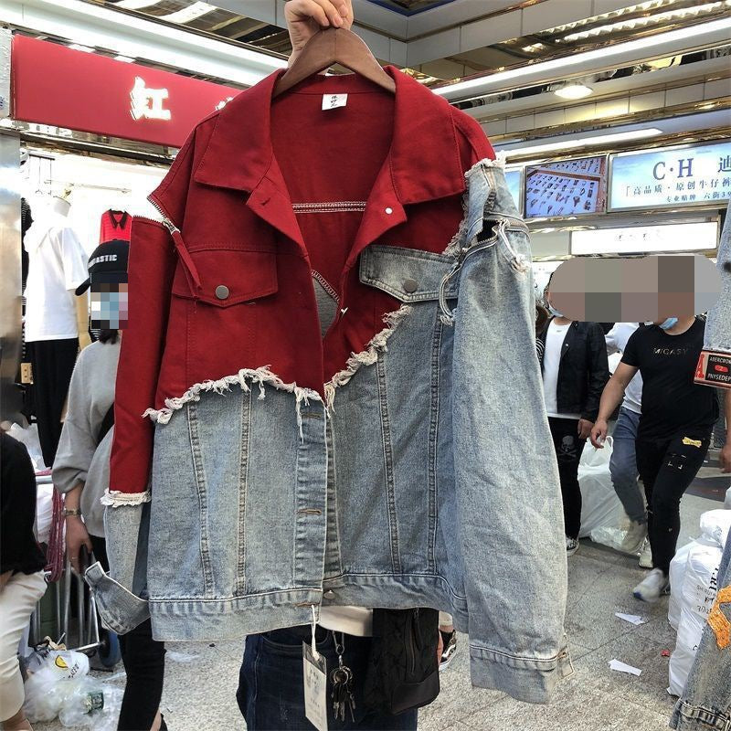 Faded Denim Streetwear Burgundy Contrast Colorblock Patchwork Women's Jean Jacket