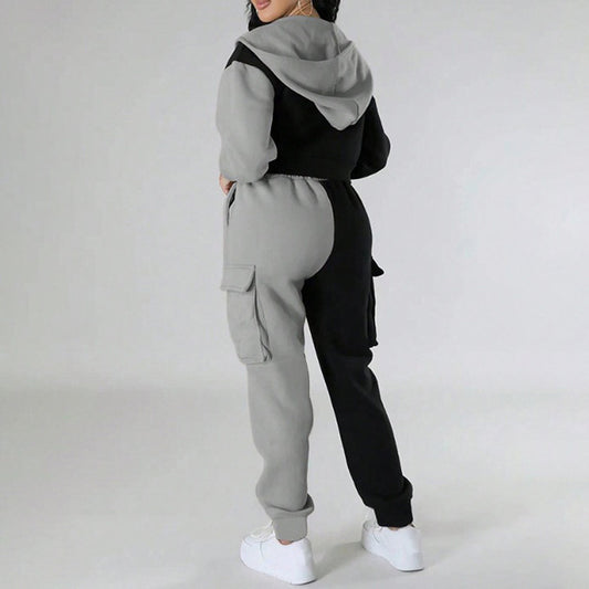 Colorblock Streetwear 2-Tone Cropped Zipper Sports Hoodie Jacket & Drawstring Cargo Pocketed Sweatpants Women's Tracksuit to 3X Plus Size
