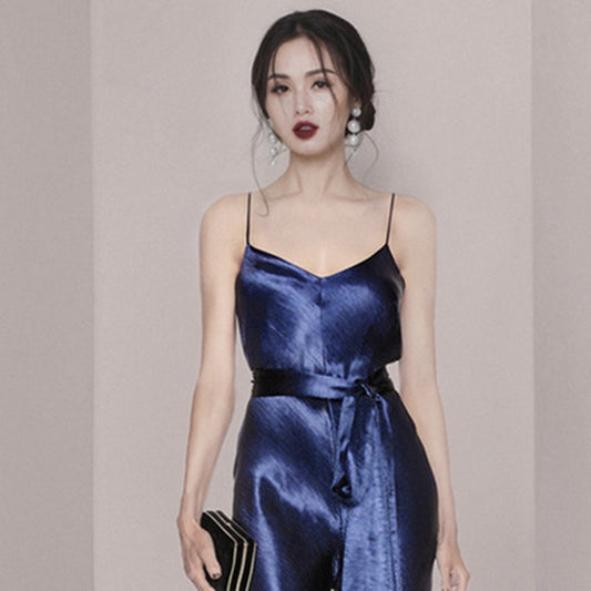 Satin Navy Blue Sleeveless Spaghetti Strap V-Neck Women's Suspender Formal Party Jumpsuit