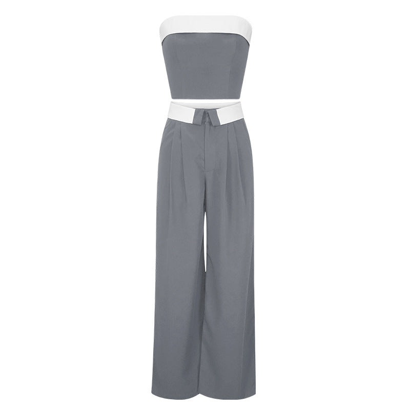 Contrast Colorblock Crop Tube Top + Zipper Back Women's Wide Leg Pants 2-Piece Set