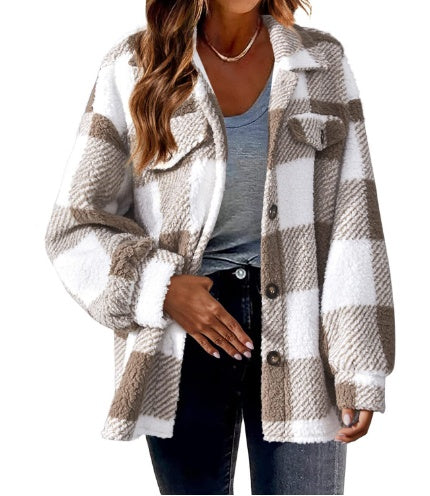 Plaid Checker Print Double Pocket Lamb Fleece Button-Up Long Sleeve Casual Jacket