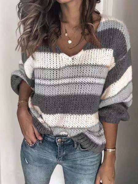 Striped Colorblock Women's V-Neck Long Sleeve Sweaters to 3X Plus Size