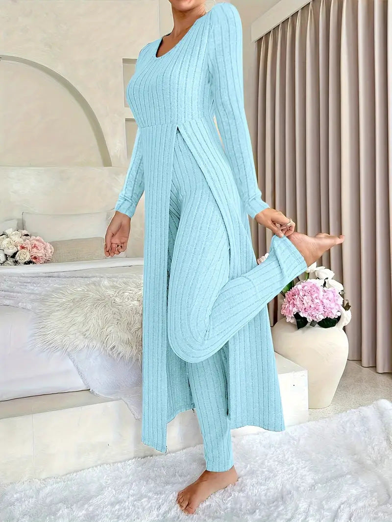 Ribbed O-Neck Split Long Sleeve Maxi Shirt + Leggings Women's Two-Piece Set