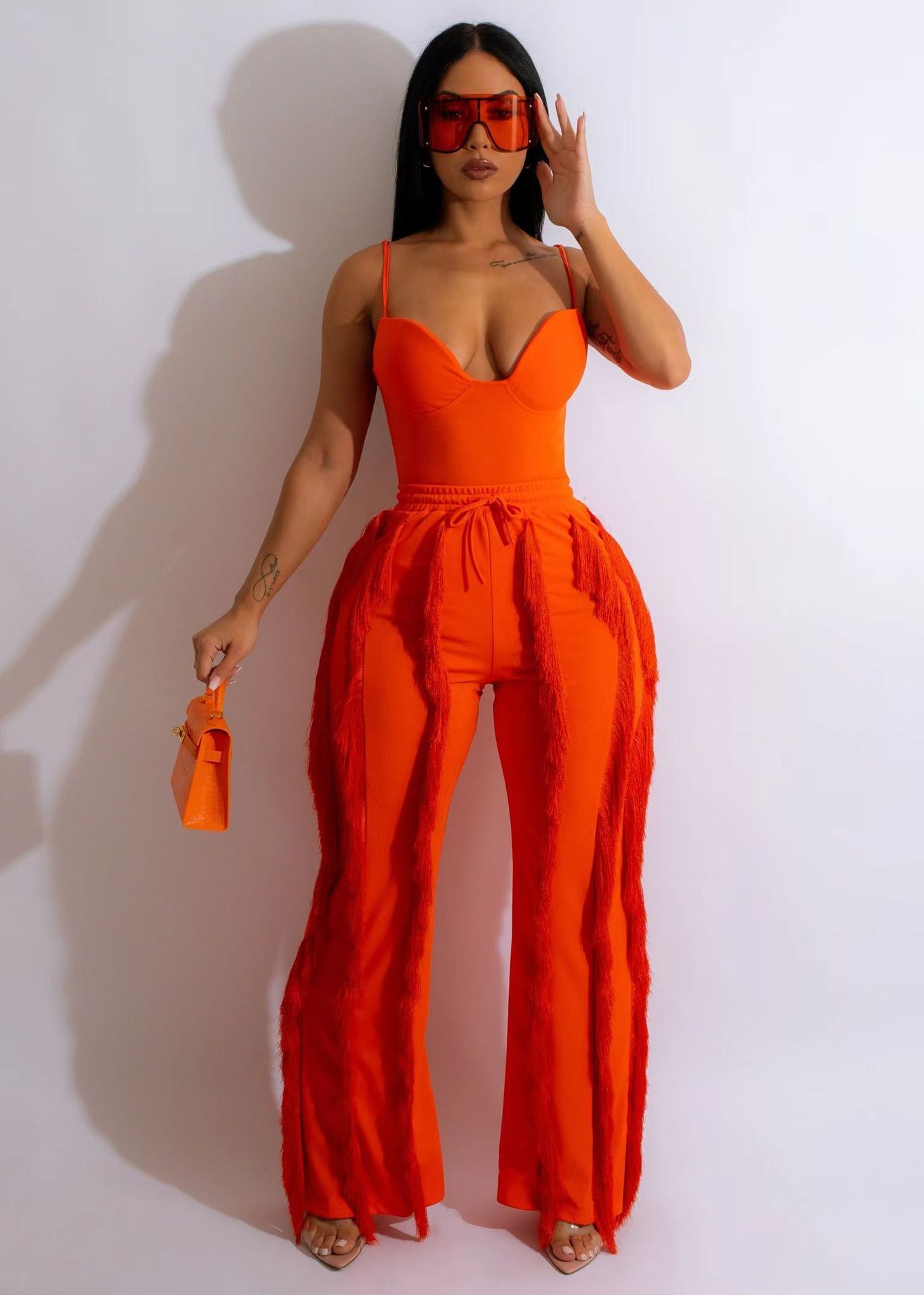 Solid Color V-Neck Tank Top + Tassel Fringe Pants Women's 2-Piece Set