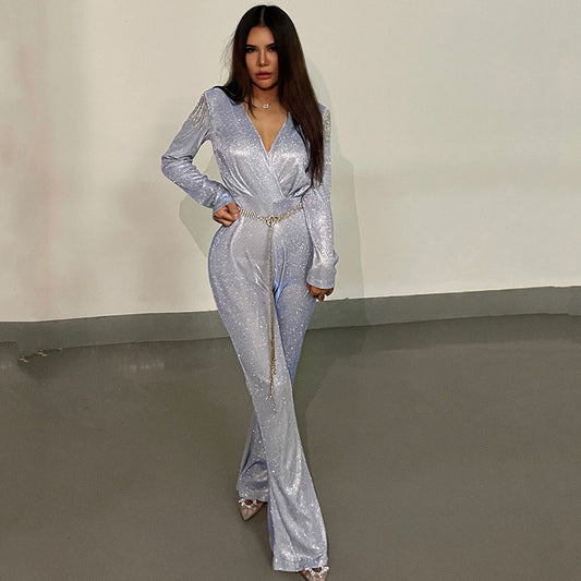 Sparkling Glitter Tassel Fringe Shoulder Design Deep V-Neck Long Sleeve Formal Party Jumpsuit w/ Chain Belt