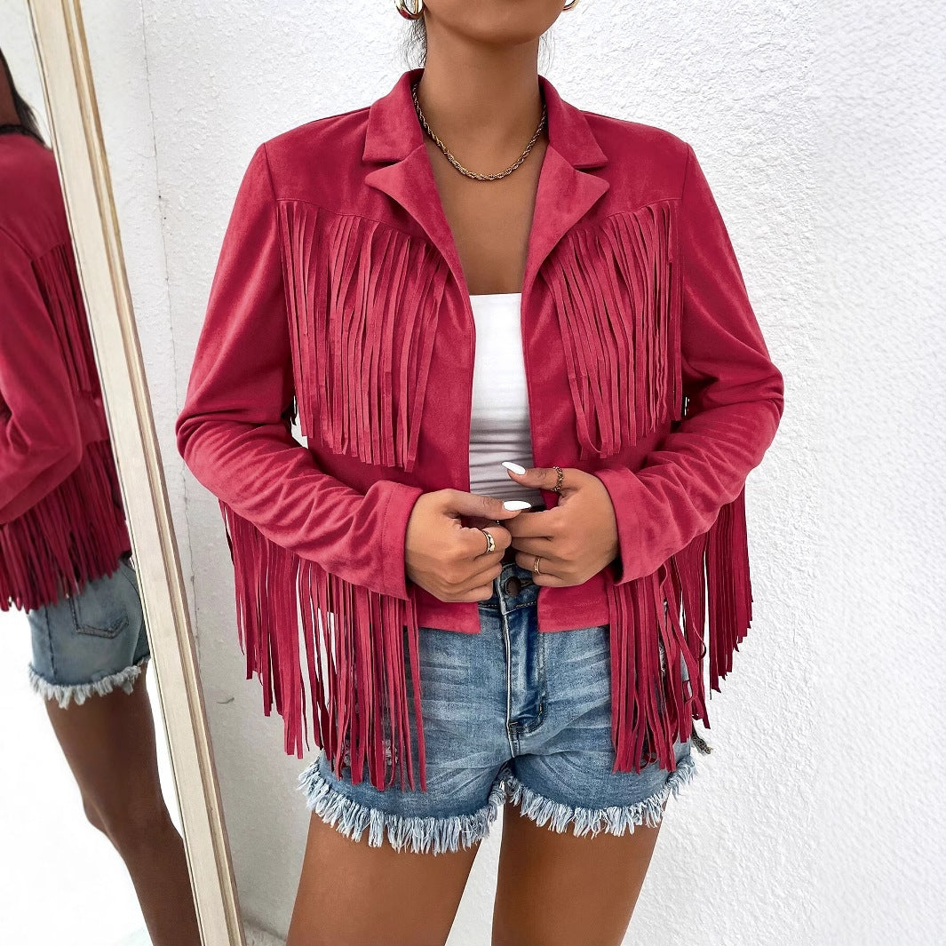 Tassels Fringe Western Women's V-Neck Long Sleeve Solid Color Loose Jacket