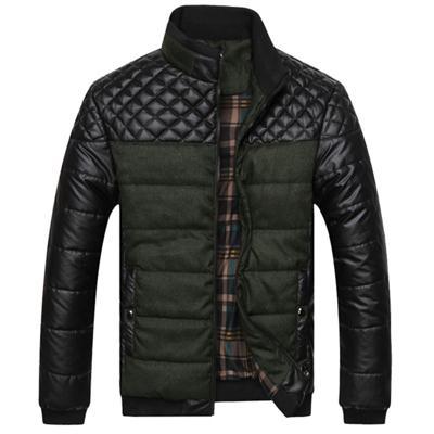 Men's Ribbed PU Leather Grid Patchwork Design Zipper Jacket