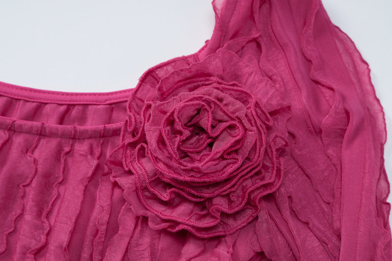 Hot Pink Flower Decor Women's Crop Top + Mini Skirt Solid Color 2-Piece Set