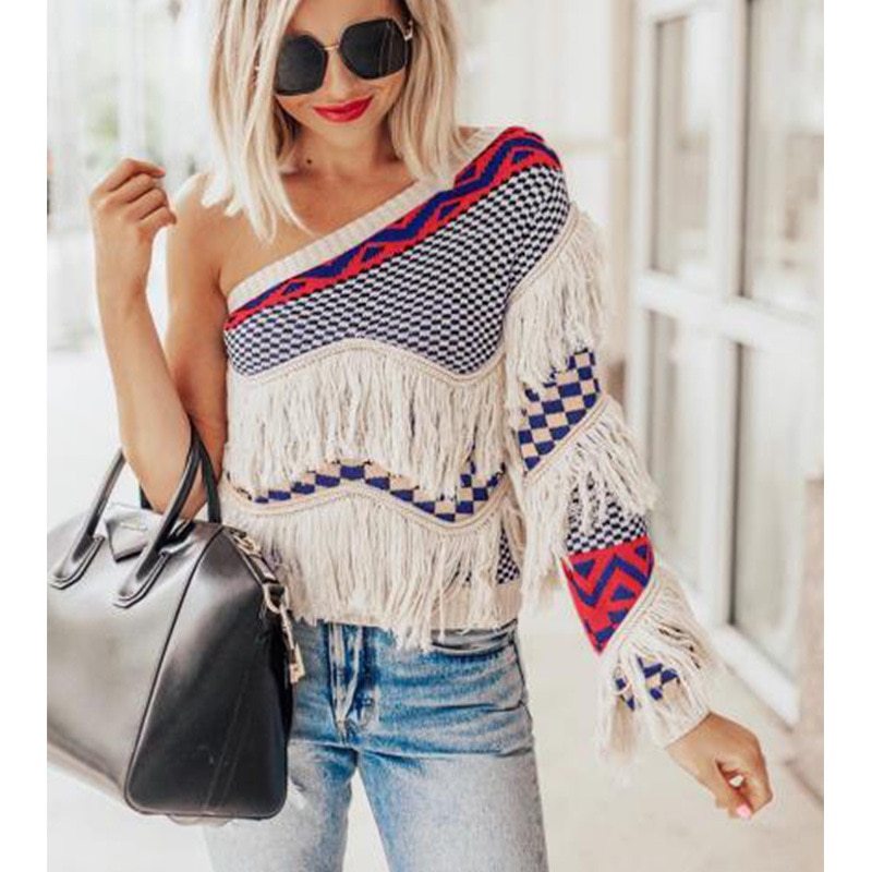 Tassel Fringe Detail Asymmetrical Oblique One Shoulder Women's Sweater