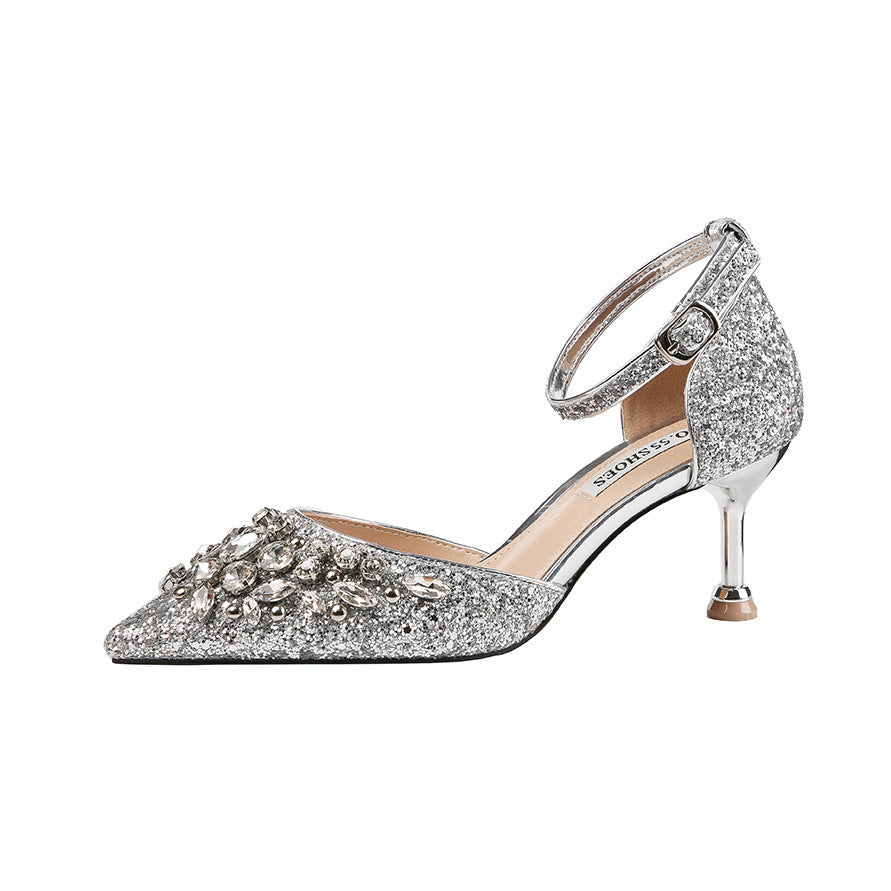 Rhinestone Metallic Glitter Slingback Ankle Strap Women's Pointed Toe High Heel Mule Pumps