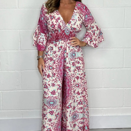 Floral Print Long Sleeve Bohemian Deep V-Neck Women's Wide Leg Jumpsuit to 3X Plus Size