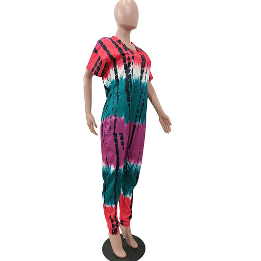 Tie-Dye Colorblock Print Women's Short Sleeve Loose Jumpsuit