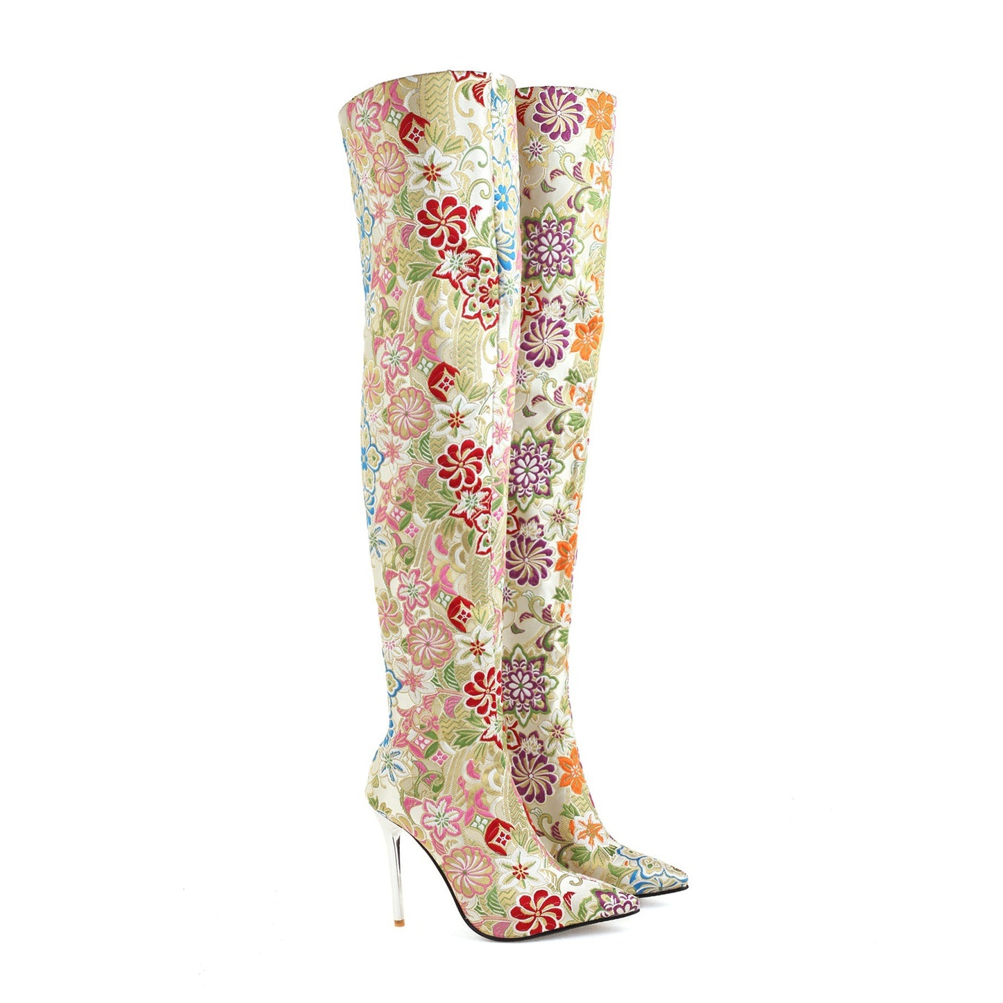 70's Flower Embroidered Pointed Toe Stiletto Heel Back Zipper Over-the-Knee Boots