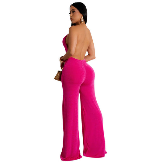 Sleeveless Pastel Solid Color Backless Women's Sexy Deep V-Neck Wide Leg Jumpsuit