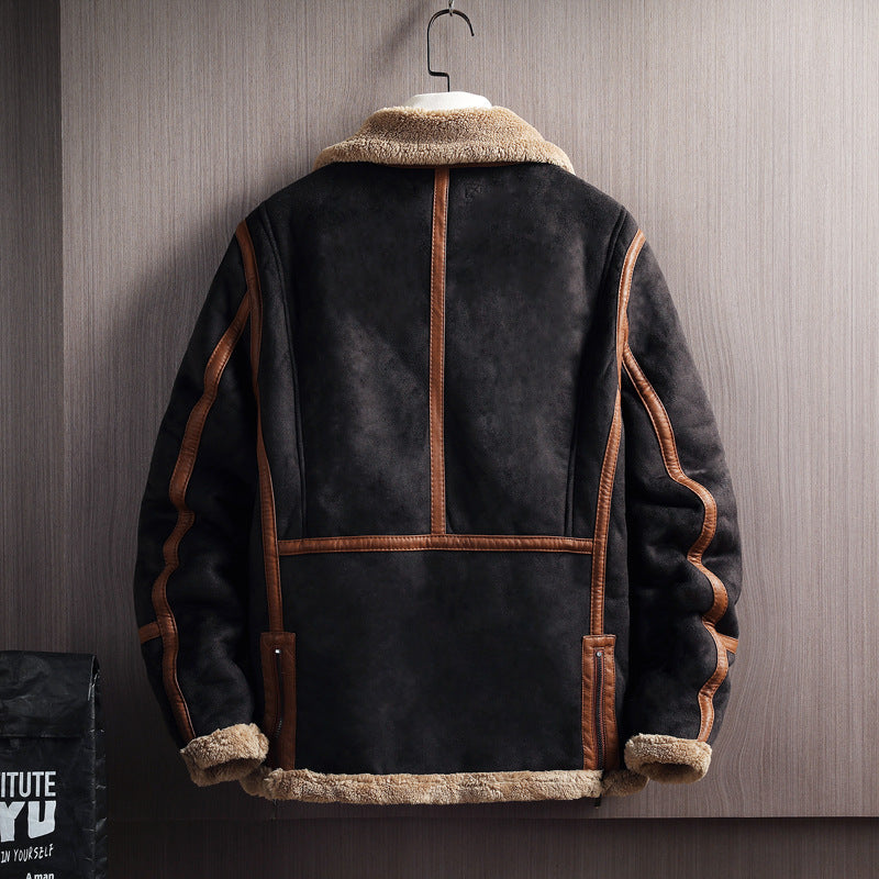 Men's PU Leather Colorblock Velvet Fleece Lined Jacket
