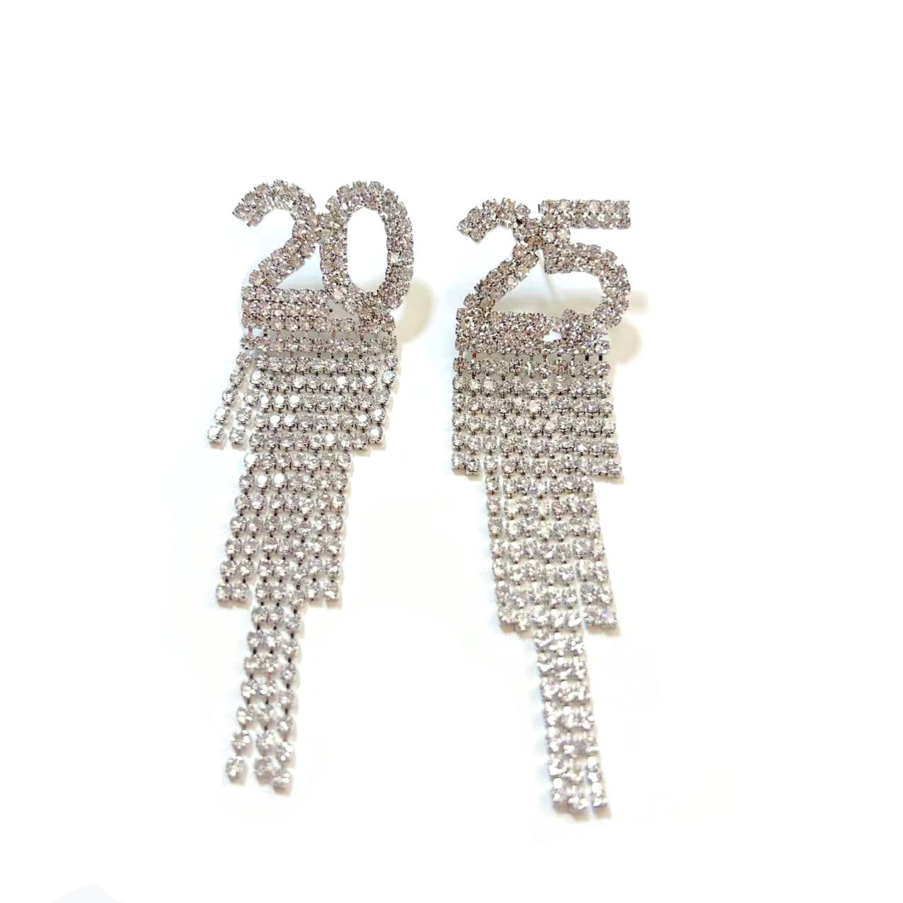 Hanging "2025" Crystal Rhinestone Tassel Pendant Copper Inlaid Earrings