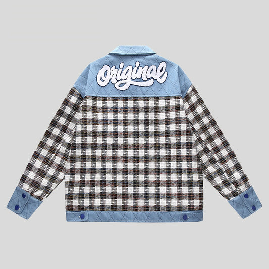 Men's Denim "Original Plaid Checker Colorblock Button-Up Letter Print Jean Jacket