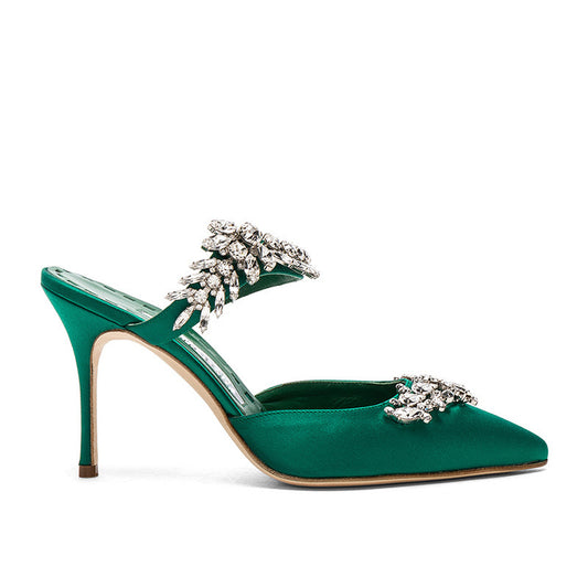 French Crystal Butterfly Rhinestone Strap Pointed Toe Stiletto Heel Mule Pumps