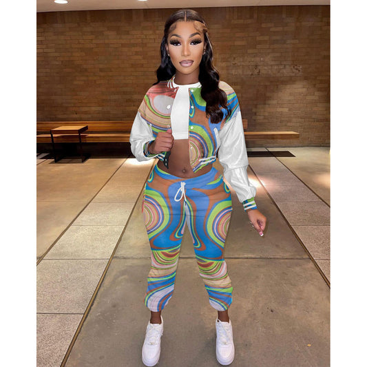 Geometric Colorblock Print Women's Cropped Baseball Bomber Jacket + Drawstring Bodycon Sweatpants 2-Piece Set