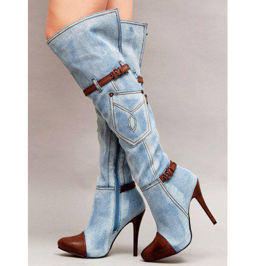 Denim Stitched High Heel Knee-High Women's Jean Boots