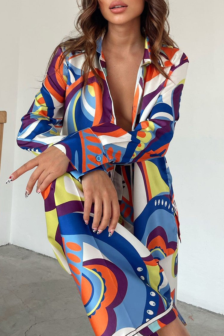 Geometric Multi-Colored Print Women's Turn-Down Collar Long Sleeve Blouse + Straight Leg Pants 2-Piece Set
