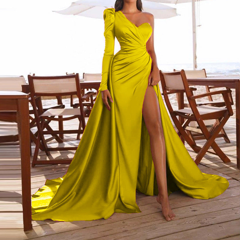 Satin Asymmetrical One Shoulder Long Puff Sleeve High Slit Solid Color Formal Maxi Party/Prom Dress to 3X Plus Size