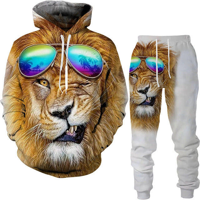 Men's 3D Lion King Print Drawstring Hoodie Sweatshirt + Sweatpants Tracksuit