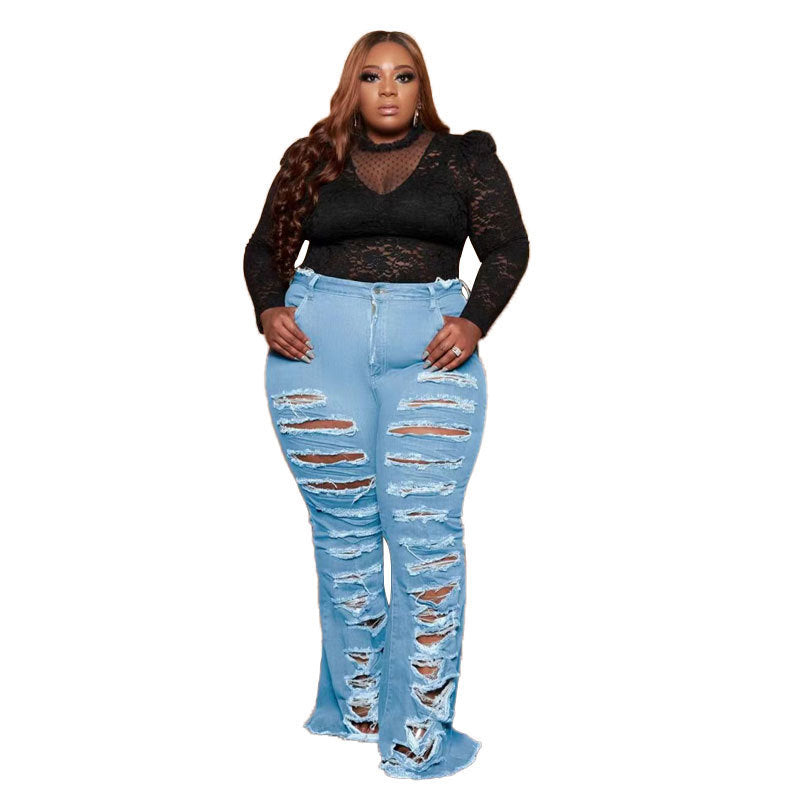 Denim Ripped Torn Hollow-Out Fringe Design Women's Jeans to 5X Plus Size