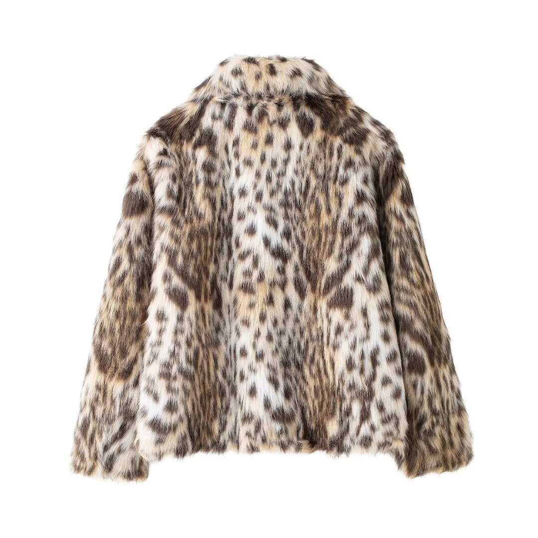 Faux Fur Leopard Gradient Turn-Down Collar Women's Jacket