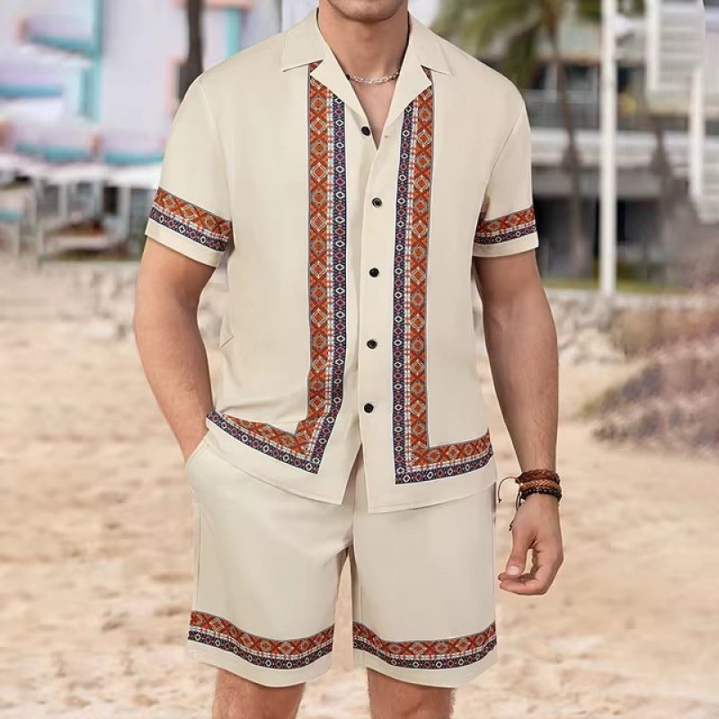 Men's Geometric/Colorblock 3D Print Turn-Down Collar Short Sleeve Polo Shirt + Shorts 2-Piece Set