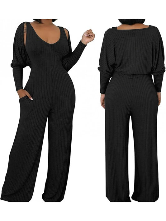 Ribbed Knitted Solid Color Batwing Sleeve Blazer + U-Neck Women's Sleeveless Jumpsuit 2-Piece Set