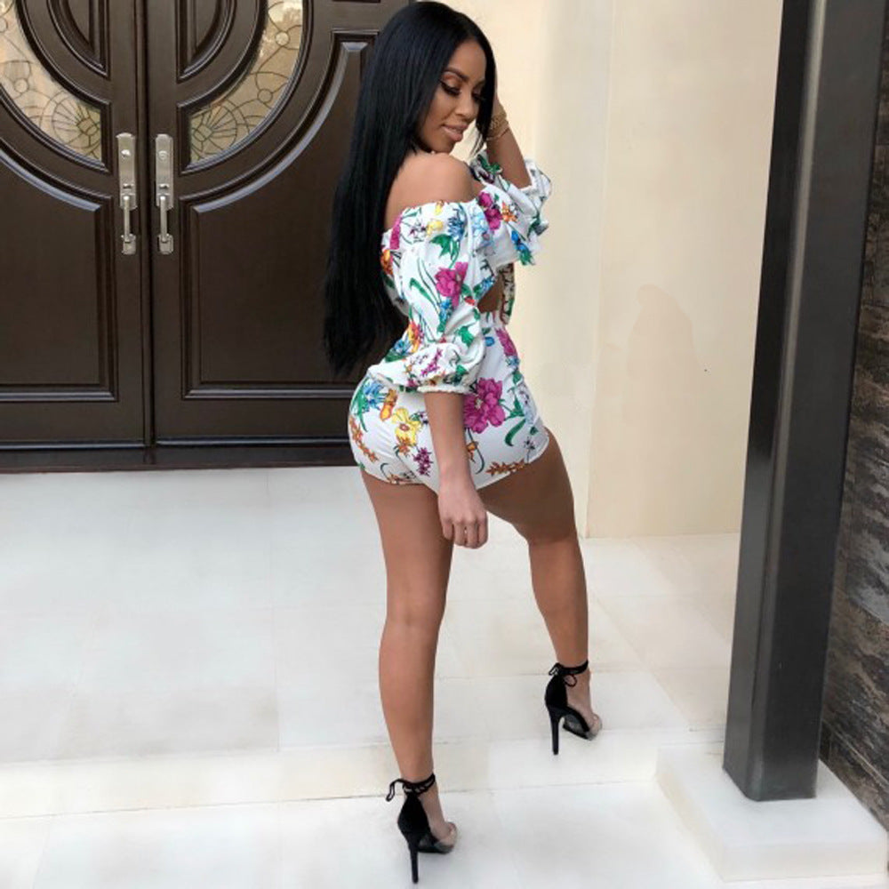 Tropical Floral Print Off-the-Shoulder Long Pile Sleeve Women's Top + Mini Shorts 2-Piece Set