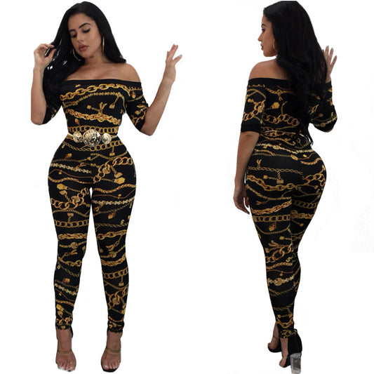 Black/Yellow Baroque Chain Printed Off-the-Shoulder Bodycon Short Sleeve Jumpsuit