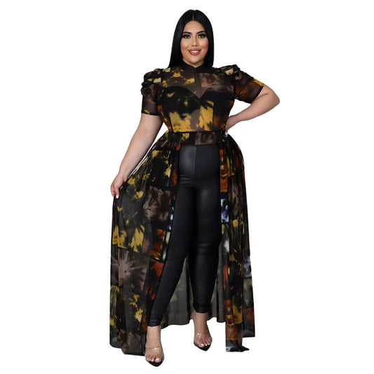 Mesh High-Low Geometric/Floral Pile Sleeve Cut-Out Maxi Blouse to 5X Plus Size